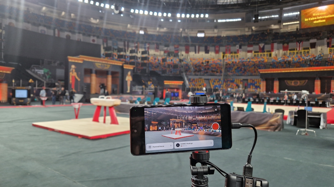 The Elevien gymnastics app recording the FIG World Cup in Cairo.
